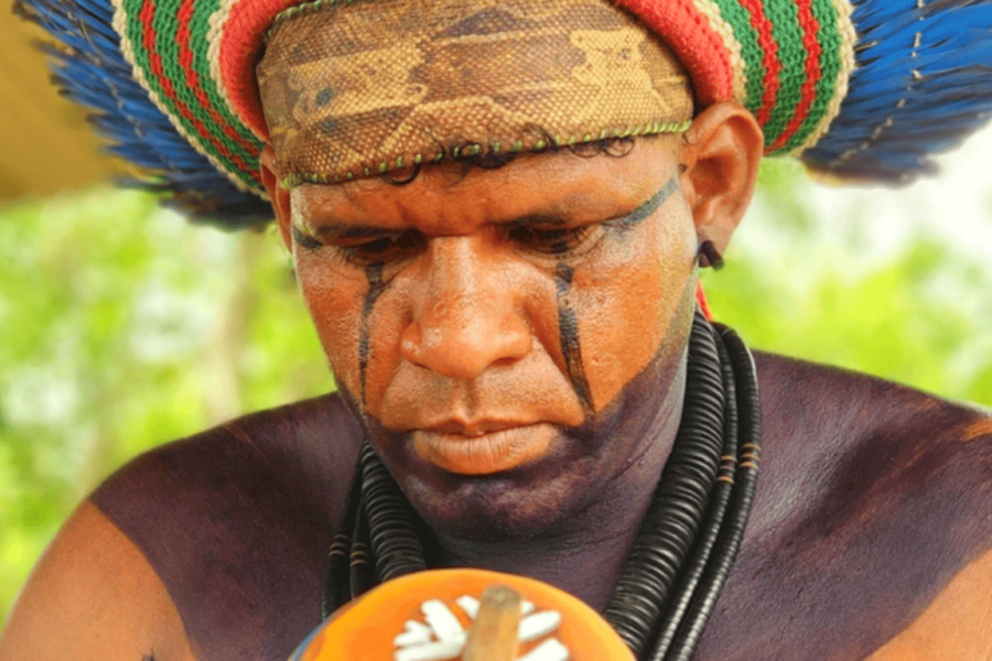 Indigenous Kariri Xocó man with traditional facial paint and a colourful headdress, representing the culture and identity of the Kariri Xocó people.