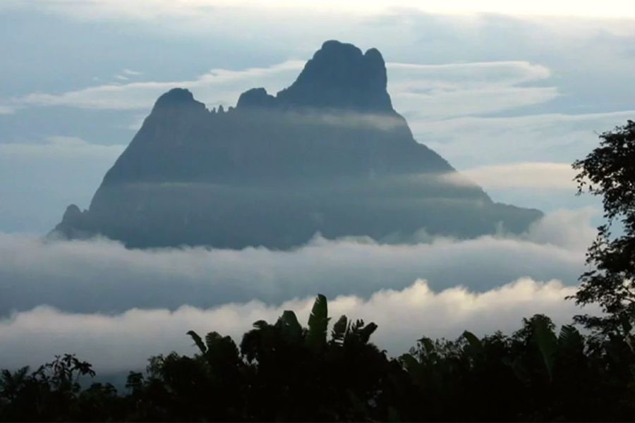 View of Pico da Neblina shrouded in layers of clouds, with an imposing silhouette and Amazonian vegetation in the foreground.