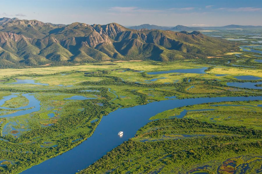 Aerial view of the flooded plains of the Pantanal in Poconé, Mato Grosso