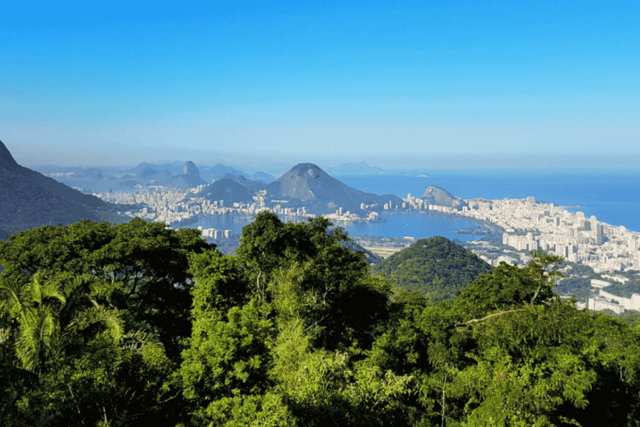 Panoramic view of Rio de Janeiro from the Vista Chinesa, with the Atlantic Forest in the foreground, mountains in the background and Sugarloaf Mountain on the horizon.